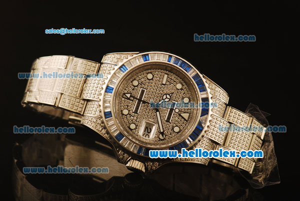 Rolex GMT Master II Swiss ETA 2836 Automatic Full Steel with Diamond Paved and Blue and White Bezel - Click Image to Close